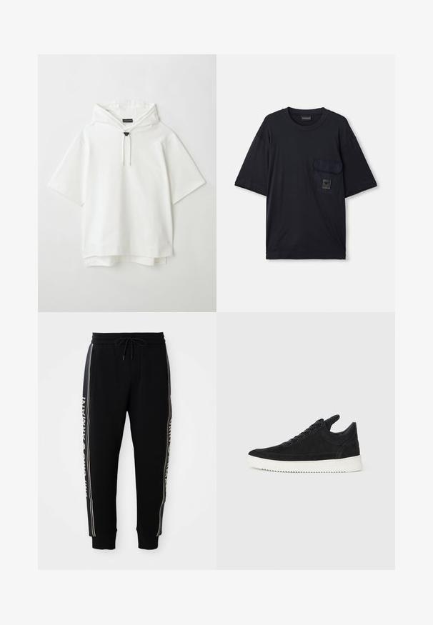 Balto kapuci ar īsām piedurknēm, ar aukliņu aizdari, odere kapucē un smalku slāņa apakšu apakšā. Mīksts kokvilnas materiāls.; Melnas īsām piedurknēm kreklu ar apaļu kakla izgriezumu un kabatu uz kreisā krūšu, kas ļauj redzēt nelielu taisnstūra formas logo plāksteri.; Melnas sporta bikses ar elastīgu jostasvietu, auklu, sānu kabatām, ribotām piedurknēm un baltu "Emporio Armani" tekstu gar sānu svītrām.; Melna zamša apavi ar baltu gumijas zoli, ar tonālu izšuvumu un auklu dizainu. Gluda tekstūra ar mūsdienīgu, plūstošu formu.