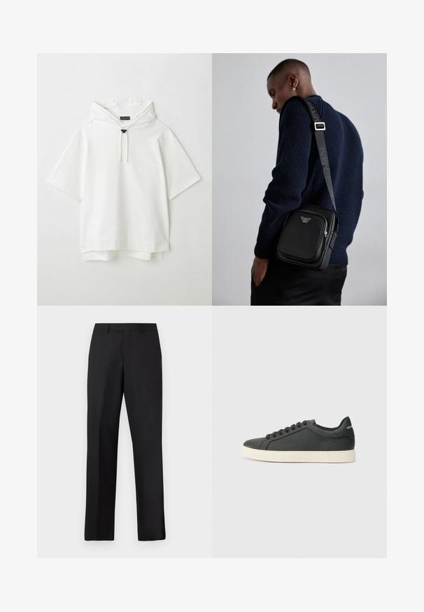 Biela mikina s krátkymi rukávmi, vybavená sťahovacou šnúrkou, podšívkovou kapucňou a jemne vrstveným lemom na spodnej časti. Mäkký bavlnený materiál.; Čierne nohavice s rovnými nohavicami vyrobené z hladkej látky. Majú štandardný pás a žiadne viditeľné vzory alebo ozdoby.; Čierne kožené tenisky s nízkym profilom, zaoblenou špičkou a šnurovaním; obsahujú textúrovanú gumovú podrážku a logo na päte.; Čierna kožená kabelka cez telo s uzatvárateľnou priehradkou, detailom loga a nastaviteľným popruhom s nápisom značky. Nosená proti textúrovanej námorníckej svetri.