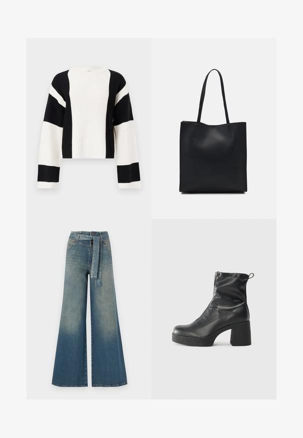 Csíkos, rövidített pulóver fekete és fehér színben. Széles ujjakkal és kerek nyakkivágással rendelkezik, textúrált kötött anyagból készült.; Bőszárú farmernadrág, világos és sötétkék árnyalatokkal, magas derekú, övgyűrűkkel és a nadrággal megegyező anyagú övvel. Textúrált farmer kivitel.; Fekete bokacsizmák sima bőrből, oldalsó cipzárral, vastag, texturált sarkú és lekerekített orrú dizájnnal.; Fekete bőrtáska sima felszínnel, téglalap alakú, két hosszú füllel. Nincs látható fémkiegészítő vagy díszítés.