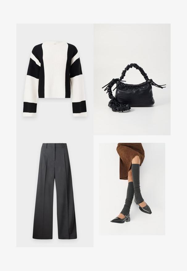 Ribbet, cropped genser med svart og hvit stripe. Har brede ermer og rund hals, laget av teksturert strikket stoff.; Vide bukser i mørkegrått stoff med høy livlinje, enkel press, og en glatt tekstur med en ren finish på ermekantene.; Sorte lakkpumps med spiss tå, blokkhel, og ankelstropp, kombinert med grå ribbestrikkede beinvarmere og et brunt semsket skinn skjørt.; Svart faux skinn-håndveske med krokodilletekstur, strammet topp og en rynket stropp. Ser myk og kompakt ut i designen.