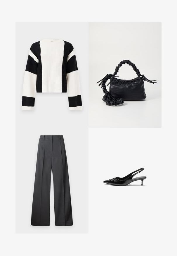 Maglione cropped a coste con righe bianche e nere. Presenta maniche larghe e un coltondo, realizzato in tessuto a maglia testurizzato.; Pantaloni a gamba larga in tessuto grigio scuro, con vita alta, pieghe singole e una texture liscia con una finitura pulita sui orli.; Tacchi slingback in pelle nera con punta affusolata, piccolo tacco kitten e un dettaglio a nodo decorativo sulla parte anteriore. Texture liscia su tutta la superficie.; Borsa a tracolla in ecopelle nera con texture a coccodrillo, apertura cinchata e tracolla arricciata. Si presenta con un design morbido e compatto.