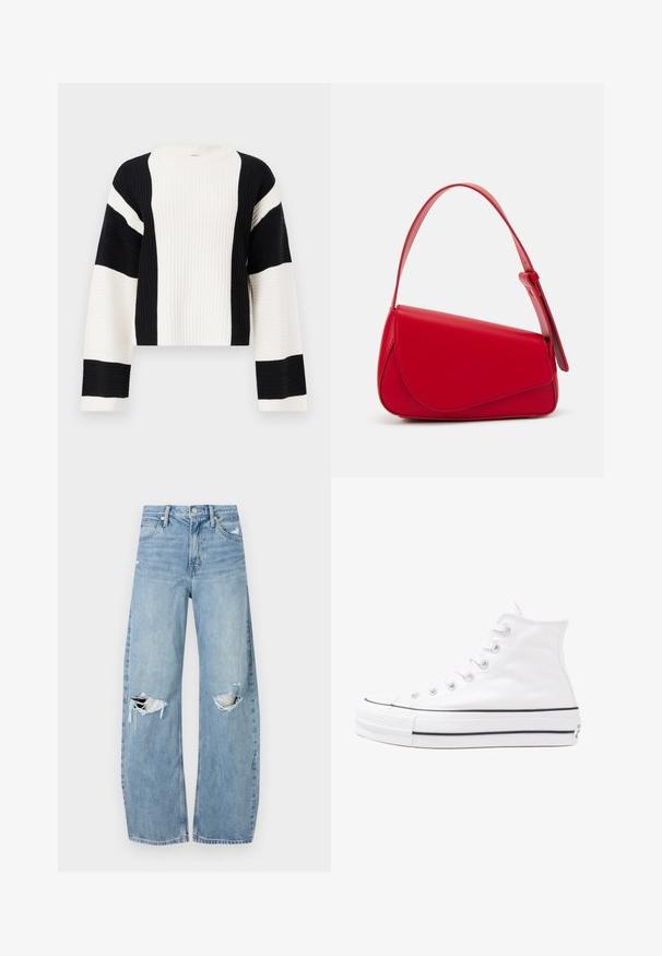 Ribbet, cropped genser med svart og hvit stripe. Har brede ermer og rund hals, laget av teksturert strikket stoff.; Lyseblå høytlivsjeans laget av denim. Har vide bein, to revne knær og klassisk fem-lommers design.; Hvit høy-skinn kanvas sneakers med svart gummisåle, gummitåhette foran og seks hull for snorer, med et rent, minimalistisk design.; Rød lærveske med en vinklet, geometrisk design. Har en enkelt justerbar stropp og en klaffelukking med sydd detaljer.