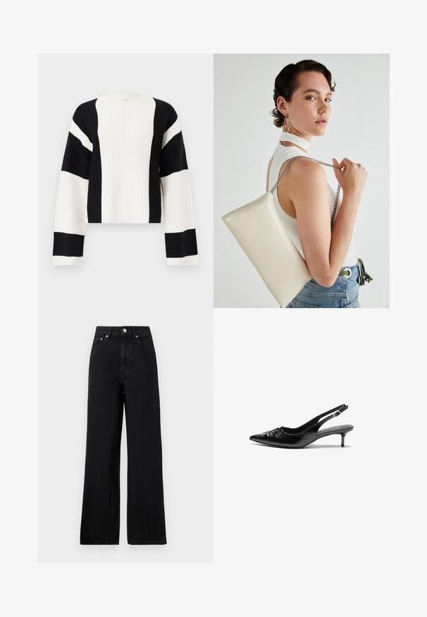 Prążkowany, krótki sweter w czarno-białe paski. Charakteryzuje się szerokimi rękawami i okrągłym dekoltem, wykonany z teksturowanej dzianiny.; Czarne dżinsy z wysokim stanem i szerokimi nogawkami, z pięcioma kieszeniami i akcentami w srebrnym kolorze. Gładka tekstura całości.; Czarne skórzane szpilki na ramiączku z ostrym noskiem, małym słupkiem i ozdobnym węzłem z przodu. Gładka faktura na całej powierzchni.; Biała prostokątna kopertówka wykonana z błyszczącego materiału, z srebrnym łańcuszkiem. Modelka pozuje, prezentując torebkę na jednolitym tle.