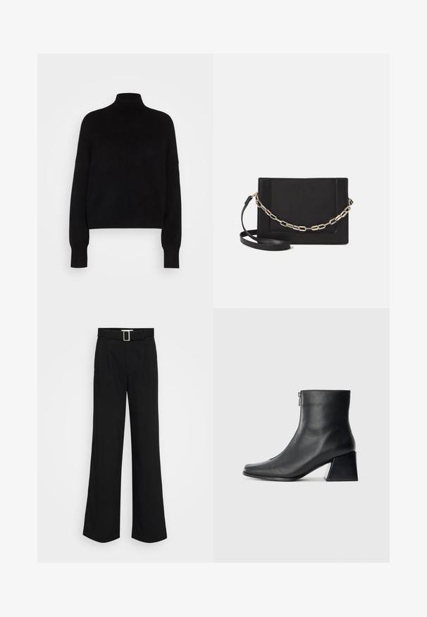 Black turtleneck sweater with long sleeves, cropped design, knitted texture, and fitted cuffs. Simple, solid color without patterns.; Black wide-leg trousers made of lightweight fabric, featuring a smooth texture, front pleats, and a belt with a square metal buckle.; Black leather ankle boot with square toe, side zipper, and block heel against plain light background.; Black leather crossbody bag featuring a smooth texture, rectangular shape, and a metallic chain detail on the front. Adjustable strap included.