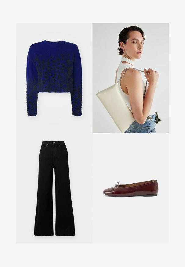 Sinine lühike sviiter musta leopardi mustriga, kootud tekstuur, ümar kaelus ja pikad varrukad. Pehme, karvane kangas.; Mustad laia säärega teksad, mis on tehtud deniimist, kõrge vöökoht, viis taskut, esikinnitus nööbiga ja minimaalsed õmblused.; Burgundi patendnahk kingad balletitüüpi, ümmarguse ninaosa, ees väike paelaaktsent ja madal must kummist tald. Sile tekstuur.; Valge ristkülikuline kotti, mis on valmistatud läikivast materjalist, hõbedase ahelsangaga. Mudel poseerib, tutvustades kotti ühtlase taustaga.