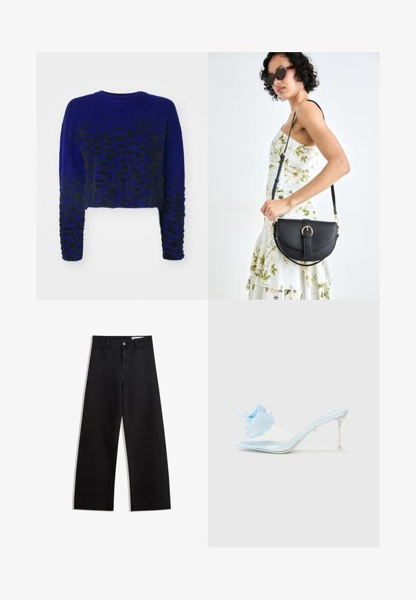 Niebieski, krótki sweter z czarnym wzorem w panterę, dzianinowa tekstura, okrągły dekolt i długie rękawy. Miękka, puszysta tkanina.; Czarne dżinsowe spodnie o szerokich nogawkach i wysokim stanie, z przednimi i tylnymi kieszeniami, przeszyciami oraz zapięciem na guziki. Gładka struktura.; Niebieskie lakierowane sandały wsuwane z przezroczystym paskiem, ozdobione miękkim niebieskim kwiatem z materiału i przezroczystym obcasem.; Czarna skórzana torebka o zakrzywionym kształcie, z odpinanym paskiem i złotymi akcentami. Torebka posiada klapę z zapięciem w kształcie klamry.