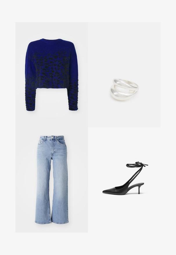 Zils apgrieztais džemperis ar melna leoparda rakstu, adīts tekstūra, apaļš dekoltē un garām piedurknēm. Mīksta, pūkaina auduma.; Gai zilganzs augsta jostas platajām biksēm ar priekšējām un aizmugurējām kabatām, pogu aizdari un nelielu izbalējumu gurnos un apakšmalās.; Melnas ādas stiletto kurpes ar norādītu purngalu, atvērtu aizmuguri un potītes siksniņām, kas sasietas neglītajā mezglā. Šaurs 3 collu papēdis. Gluda tekstūra, minimālisma dizains.; Sudraba divu joslu gredzens ar gludu, pulētu virsmu. Iezīmējas ar plūstošu, izliekta dizaina struktūru ar pārklājošām sekcijām modernam izskatam.