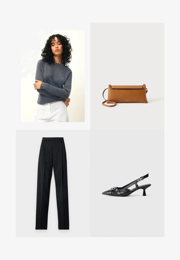 Authentic Cashmere ECRIN - Svetr - mottled anthracite; Černé kalhoty vyrobené z hladké tkaniny, vybavené vysokým pasem, širokými nohavicemi, předními záhyby a klasickými poutky na opasek. Nejsou viditelné boční kapsy.; Černé kožené slingback boty s špičatou špičkou, dekorativními pásky s kovovými očky a nízkým blokovým podpatkem. Texturovaný povrch.; Hnědá kožená psaníčko, obdélníkový tvar, strukturovaný povrch, odnímatelný popruh, zipové uzavírání, decentní logo embosované na přední straně.