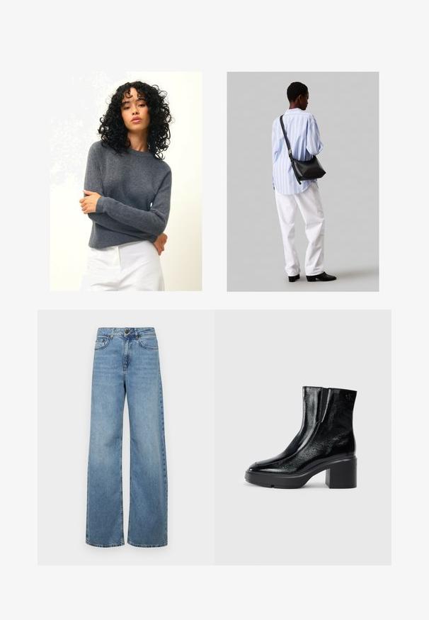 Authentic Cashmere ECRIN - Neule - mottled anthracite; Vaaleansiniset leveälahkeiset farkut, jotka on valmistettu denimestä. Ne sisältävät korkean vyötärön, etutaskut ja klassisen viiden taskun muotoilun, jossa on hienovaraisia haalistumia.; Musta patentoitu nahkasaappaat nilkkoihin, joissa on kaareva kärki, joustavat sivupaneelit ja paksu lohkoilut. Takana on kohokuvioitu logo.; Musta nahkainen olkalaukku, jossa on pehmeä rakenne, kolmion muoto ja säädettävä hihna, yhdistettynä vaaleansiniseen raidalliseen paitaan ja valkoisiin housuihin.