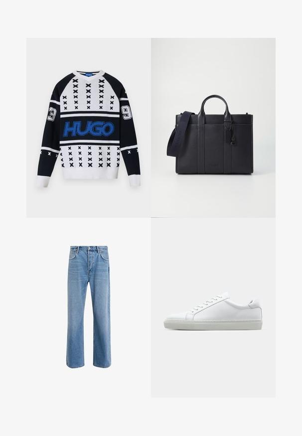 Zwart-wit gebreide trui met geometrische patronen, voorzien van een opvallend blauw logo en genummerde accenten (3 en 9) op de mouwen. Met V-hals ontwerp.; Lichtblauwe denim jeans met een straight-leg ontwerp, vijf zakken, knoopsluiting, minimale vervaging en contrasterende stikseldetails.; Witte sneaker met een gladlederen bovenwerk en een laag profiel. Voorzien van een ronde neus, zes vetergaatjes en een gestructureerde rubberen zool.; Donkerblauwe leren aktetas met dubbele bovenhandgrepen en een afneembare schouderband. Kenmerkt zich door een gestructureerde afwerking, verticale stiksels en een logo-detail.