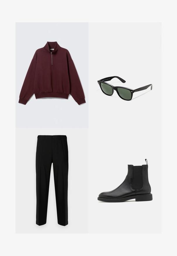 Maroon pullover sweatshirt with a high collar and half-zip closure. Features long sleeves and a relaxed fit with ribbed cuffs and hem.; Black trousers made of smooth fabric, featuring a straight cut, two front pockets, and a zip fly with button closure.; Black leather ankle boot with smooth texture, elastic side panels, and a pull tab. Round toe and flat rubber sole with minimal tread.; Black plastic sunglasses with green lenses, square frames, silver accent on the brow, and textured temple arms. Stated brand on inner arm.