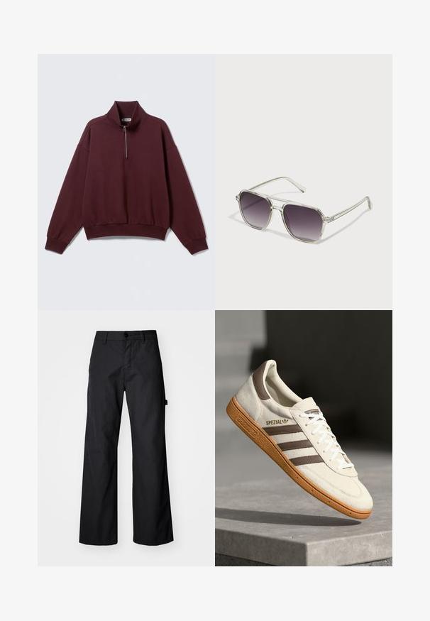 Sweatshirt de malha cor de vinho com gola alta e fecho de meio zíper. Apresenta mangas compridas e um corte descontraído com punhos e barra canelados.; Calças largas pretas, feitas de um tecido durável. Apresenta um fecho de botão e bolsos laterais. Textura suave com um design limpo.; Sapatilhas brancas em camurça com detalhes em pele castanha, três riscas castanhas e atacadores brancos. Apresenta uma sola de borracha texturizada e um logo dourado "SPEZIAL".; Óculos de sol com armação transparente em forma quadrada e lentes cinza degradê. Detalhes em prata slim nos hastes acrescentam elegância.