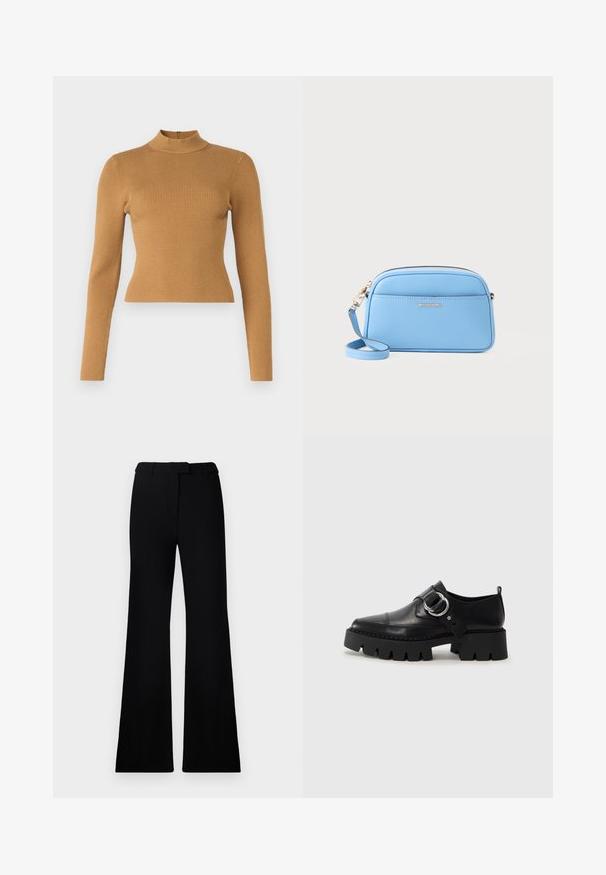 Ribbed turtleneck top in warm brown. Features long sleeves, a fitted design, and a small back zipper. Smooth texture.; Black flared pants featuring a smooth texture, tailored waistband, and front pockets, designed with a sleek, modern silhouette.; Black leather shoes with a chunky, ribbed sole, featuring a circular silver hardware accent and minimal stitching detail.; Light blue leather crossbody bag with gold-tone hardware, zip closure, and a front pocket. Features an adjustable strap for convenience.