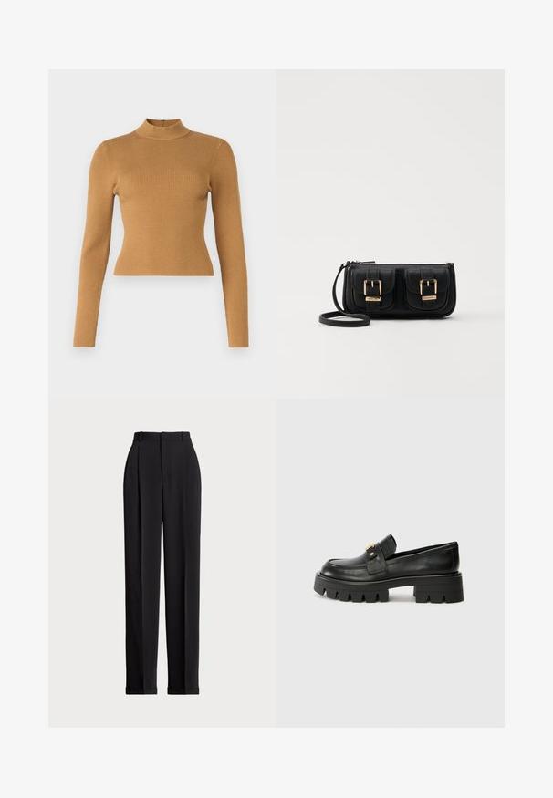 Ribbet højhalset top i varm brun. Har lange ærmer, et tætsiddende design og en lille lynlås bagpå. Glat tekstur.; Sorte skrædderbukser med høj talje, der har folder fortil, en lige benlængde og ombukket kant. Lavet af glat stof.; Sorte læder loafers med en kraftig sål, prydet med en guldfarvet detalje på fronten og en glat finish. Kraftigt mønster designet på sålen.; Sort læder crossbody taske med to frontlommer, guldspænder, lynlåslukning og en slank rem. Struktureret overflade og kompakt rektangulær form.