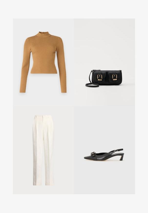 Rebrasti rolak u toploj smeđoj boji. Ima duge rukave, uski kroj i mali zatvarač na leđima. Glatka tekstura.; Polo Ralph Lauren HEMP WIDE LEG PANT - Hlače - nevis; Crne kožne sandale s remenčićem i šiljastim vrhom, malim potpeticama i dekorativnom kopčom na gornjem dijelu. Glatka tekstura, minimalistički dizajn.; Crna kožna torba preko ramena s dva prednja džepa, zlatnim kopčama, zatvaranjem na zip i uskim remenom. Teksturirana površina i kompaktan pravokutan oblik.