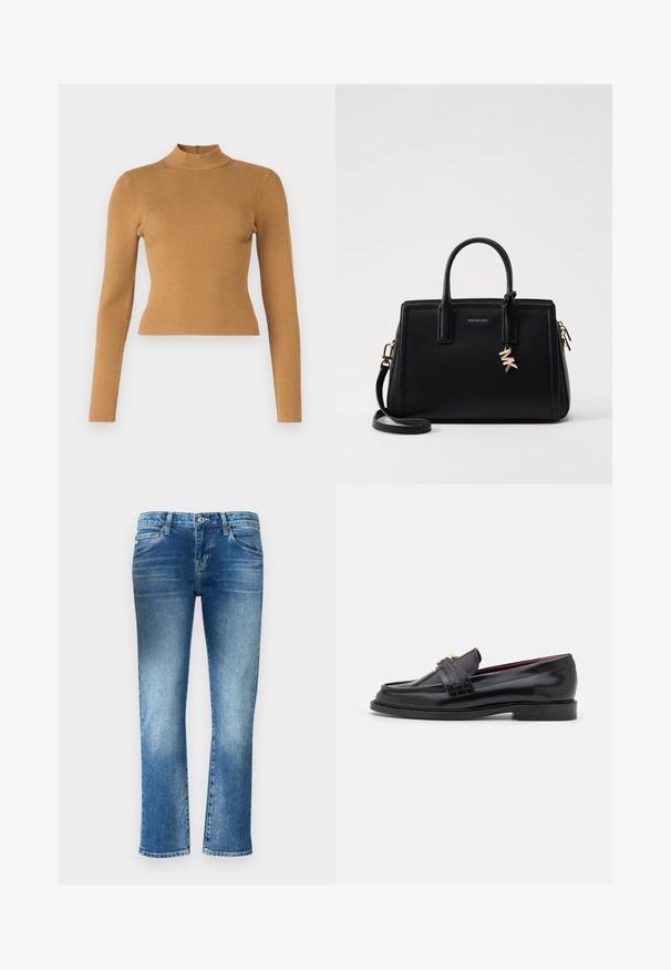 Ribbet højhalset top i varm brun. Har lange ærmer, et tætsiddende design og en lille lynlås bagpå. Glat tekstur.; Lyseblå denimjeans med lige ben, subtilt slid og medium taljehøjde. Har fem lommer og bæltestropper.; Sorte læder loafers med et stitched-mønster, glat tekstur, guldspænde detalje og en rund tå, sat på en lav sort sål.; Sort læder håndtaske med struktureret design, dobbelt top håndtag, aftageligt skulderrem, guld hardware og en logo charme accent.