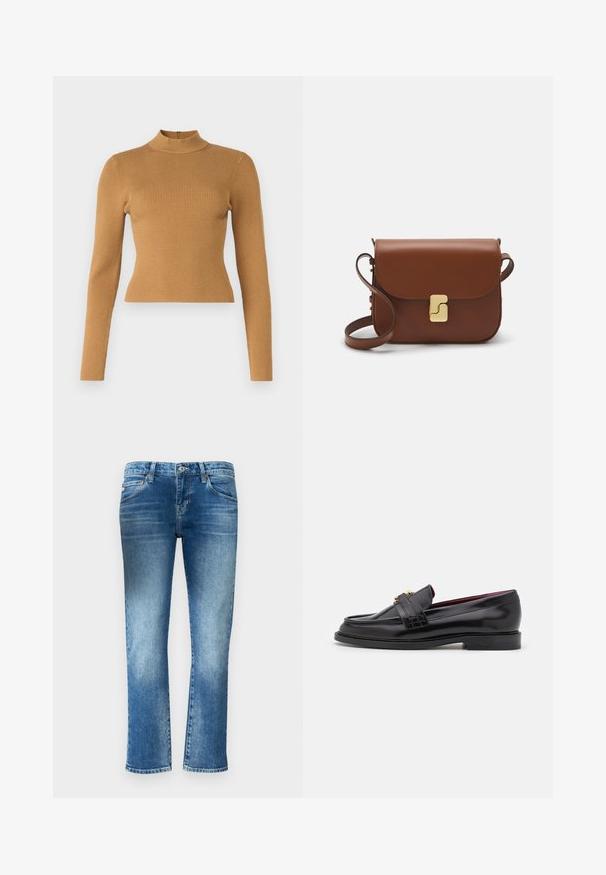 Ráncos nyakú, meleg barna felső. Hosszú ujjakkal, testhezálló szabással és egy kis hátsó cipzárral rendelkezik. Sima textúrájú.; Világoskék farmernadrág, egyenes szárú kialakítással, finom kopással és közepes derékszabással. Öt zsebe és övhurkai vannak.; Fekete bőr loaferek varrott mintával, sima textúrával, arany csattal és kerek orral, alacsony fekete talpon.; Barna bőr kézitáska, hajtókás zárással, arany színű fém kiegészítőkkel, vállpánttal és sima felülettel. Kompakt téglalap alakú.