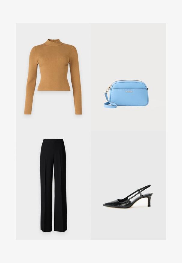 Ribbad polotröja i varm brun. Har långa ärmar, en figurnära design och en liten dragkedja bak. Slät textur.; Svarta vida byxor med en slät textur, med hög midja och centrala veck. Inga synliga mönster eller hårdvarudetaljer.; Svart lackskin slingback-häl med spetsig tå, med texturerad ormskinnsprint, justerbar rem och en kort, texturerad blockklack.; Ljusblå lädercrossbodyväska med guldtonade detaljer, dragkedjestängning och en framficka. Försedd med en justerbar rem för bekvämlighet.