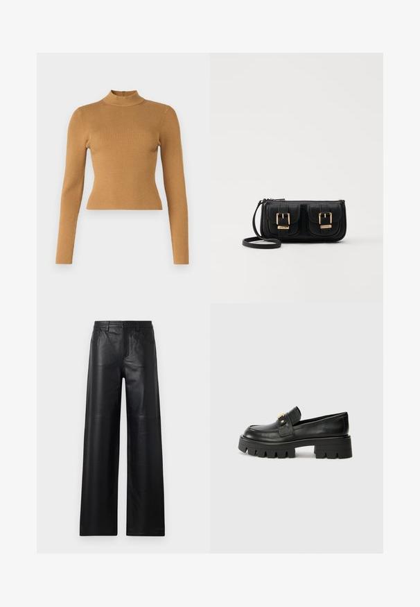 Rebrasti rolak u toploj smeđoj boji. Ima duge rukave, uski kroj i mali zatvarač na leđima. Glatka tekstura.; Široke crne kožne hlače s glatkom teksturom, koje imaju prednje džepove, kopčanje na dugme i suptilne detalje šivanja.; Crne kožne loafersice s debelim potplatom, s zlatnim akcentom sprijeda i glatkim završetkom. Debeli uzorak na potplatu.; Crna kožna torba preko ramena s dva prednja džepa, zlatnim kopčama, zatvaranjem na zip i uskim remenom. Teksturirana površina i kompaktan pravokutan oblik.