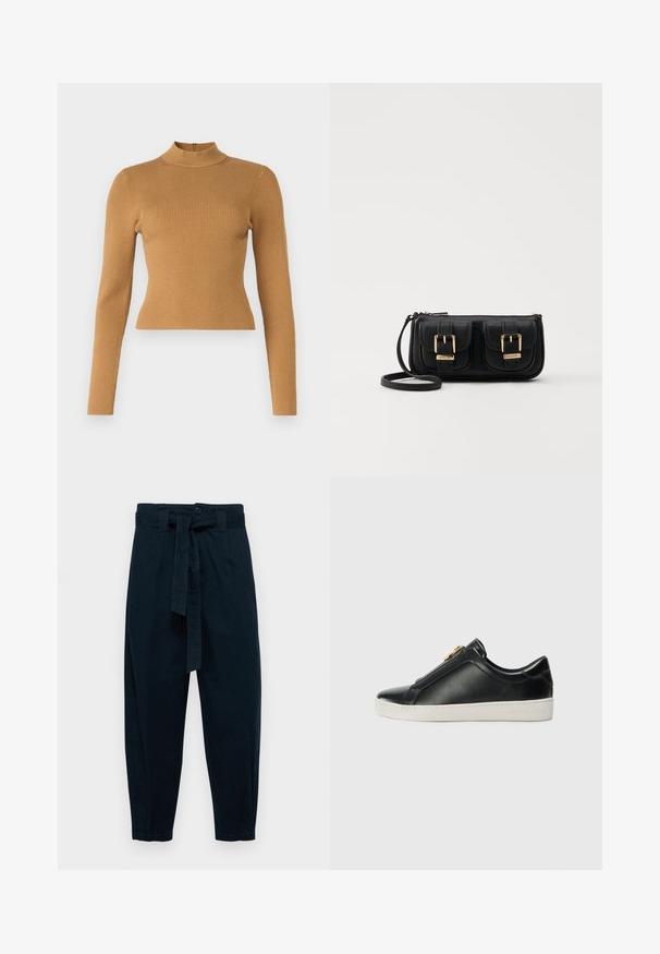 Ribbed turtleneck top in warm brown. Features long sleeves, a fitted design, and a small back zipper. Smooth texture.; Dark navy high-waisted trousers with a front button closure and a belted waist, featuring tapered legs and side pockets.; Black leather slip-on shoes with a raised seam, silver hardware detail on the upper, and a white rubber sole featuring embossed branding.; Black leather crossbody bag with two front pockets, gold buckles, zipper closure, and a slim strap. Textured surface and compact rectangular shape.
