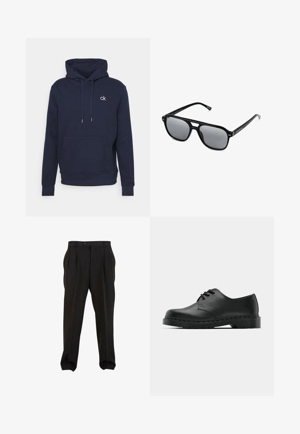 Sudadera con capucha de color navy hecha de tela suave, con un bolsillo tipo canguro, cordones y un pequeño logo blanco en el pecho.; Pantalones negros de tejido suave, con pliegues frontales, cinturilla con botón y puños en los tobillos ajustados. Silueta clásica y ajustada.; Zapato oxford de cuero negro con diseño de cordones, punta redonda, suela de goma plana y un sutil detalle de costura en la parte superior.; Gafas de sol negras con montura rectangular, lentes ahumados grises y diseño con corte en el puente. Material plástico brillante y elegante, con varillas estrechas.