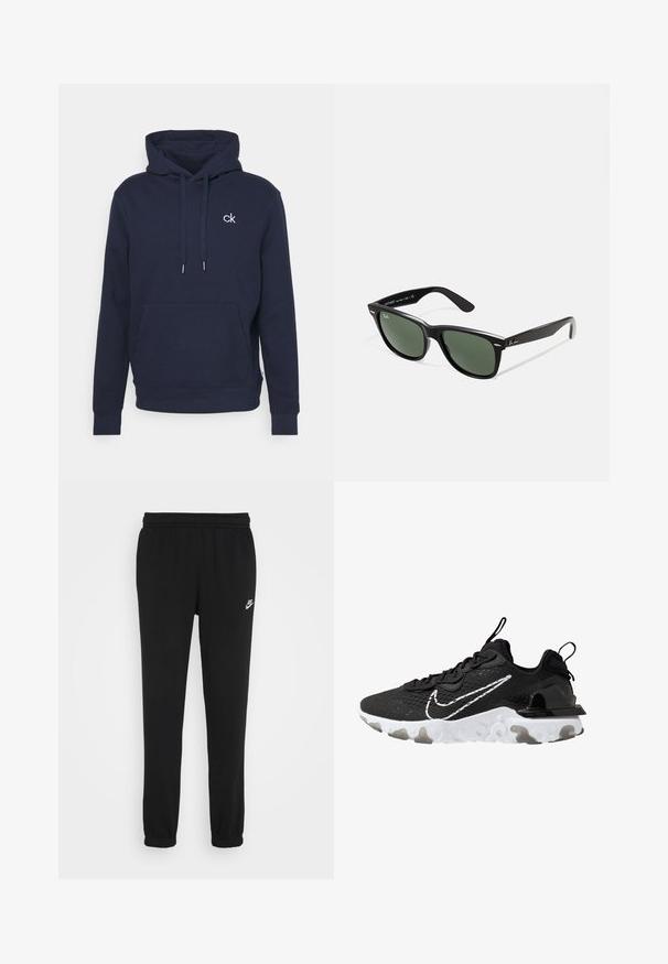 Marineblå hettegenser laget av myk stoff med kengurulomme, snor og en liten hvit logo på brystet.; Sorte joggebukser med elastisk liv, ribbestrikkede ankler og en liten hvit Nike-logo på venstre side. Laget av myk teksturert stoff.; Svart idrettssko med et teksturert stoffoverdel, hvit Nike swoosh og tykk hvit såle. Har en trekkstropp på hælen for enkel påkledning.; Sorte plast-solbriller med grønne linser, firkantede rammer, sølvdetalje på brynene, og teksturerte stangarmen. Angitt merke på indre arm.