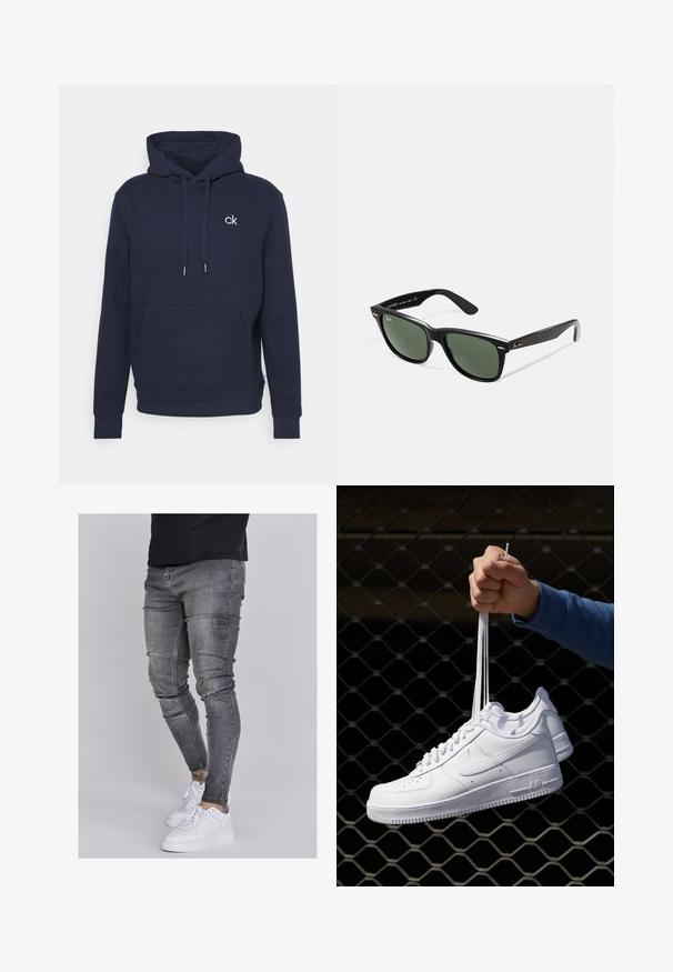Sötétkék pulóver kapucnis felső, puha anyagból, kenguru zsebbel, zsinórral és kis fehér logóval a mellrészen.; Fakó szürke farmerből készült skinny farmernadrág, térdén kopott részletekkel, fehér sportcipővel párosítva. Simább anyag, karcsú szabás.; Fehér bőr sportcipők perforációval, kerek orral, lapos talppal és vastag fűzőkkel, látható swoosh logóval és "AIR" felirattal a sarokrészen.; Fekete műanyag napszemüveg zöld lencsékkel, négyzet alakú kerettel, ezüst díszítéssel a keret felső részén, valamint texturált szárakkal. A márka neve a belső száron található.