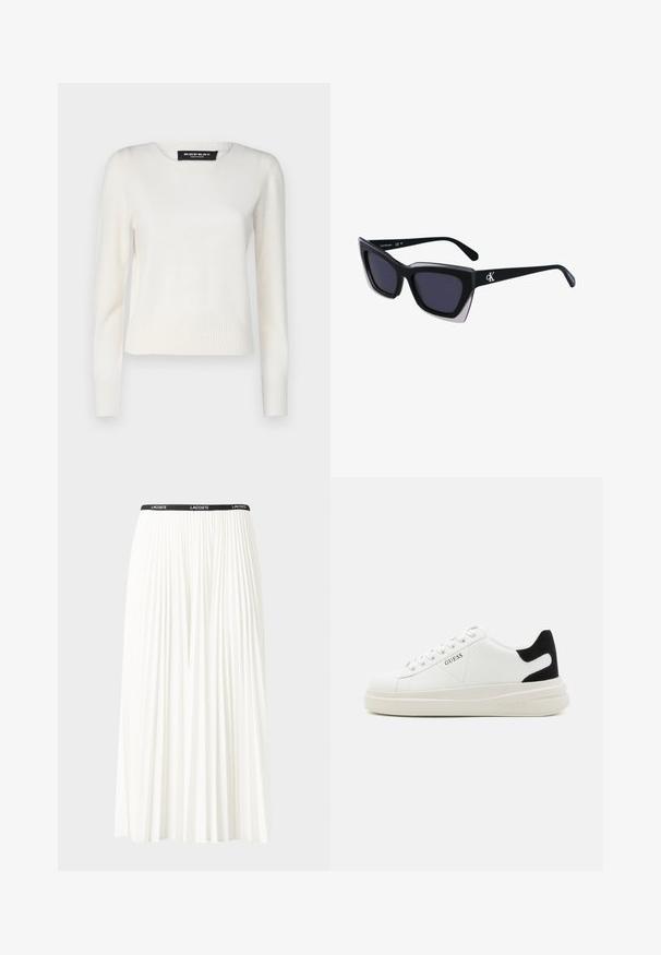 Repeat Trui - cream; Plisséminirok in het wit met een zwarte elastische tailleband met het "LACOSTE"-logo. Middellange ontwerp met een zachte textuur.; Witte leren sneakers met een dikke witte zool, zwarte suède hielaccent en een geperst logo op de zijkant. Vetersluiting met zes oogjes.; Zwarte oversized zonnebril met een geometrische vorm, voorzien van donkere glazen en een contrasterend grijs detail op het montuur. Logo op de arm.