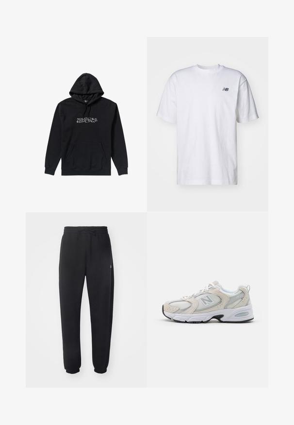 Hoodie noir avec une poche avant et une capuche à cordon, ornée d'un logo Volcom Snow blanc centré sur la poitrine, fabriqué en tissu doux.; T-shirt blanc à manches courtes et col ras du cou avec un petit logo New Balance noir sur la poitrine gauche, sur un fond uni.; Pantalon de sweat noir en matière douce, avec une taille élastique, un cordon de serrage et des poignets fuselés, arborant un logo discret sur le côté.; Chaussure de sport avec un dessus en mesh gris clair et des accents en daim, des lacets blancs et une semelle en caoutchouc noire. Détail d'amorti ABZORB remarquable.