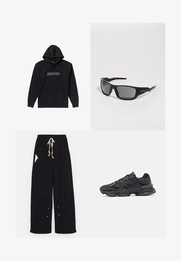 Zwarte hoodie met een voorzak en trekkoordcapuchon, voorzien van het witte Volcom Snow-logo in het midden van de borst, gemaakt van zachte stof.; Zwarte T-shirt met korte mouwen, gemaakt van katoen, met een ronde halslijn en een ontspannen pasvorm. Gladde textuur met minimale stikdetails.; Zwarte wijde broek van zachte stof met een trekkoord in de taille, zijzakken en een driehoekige accentzak. Inclusief zilveren hardwaredetails.; Zwarte hardloopschoen met een mix van mesh en synthetische materialen, een stevige zool, gebogen ontwerp en prominente branding op de zijkant.; Zwarte zonnebril met een rechthoekige vorm, gemaakt van duurzaam plastic, met grijzige getinte glazen en een gouden accent aan de zijkant.