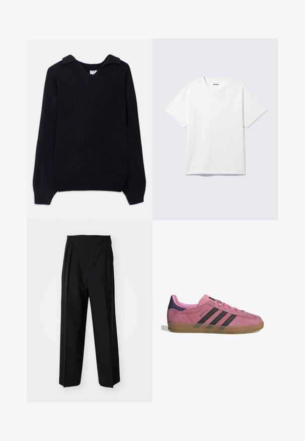 Black ribbed sweater with a V-neck and a folded collar. Features long sleeves and a textured knit pattern. Soft material.; White short-sleeve T-shirt made of cotton, featuring a crew neckline and a relaxed fit. The fabric has a smooth, even texture.; Black pleated trousers with a straight, wide-leg design. Made from smooth fabric, featuring a button closure and belt loops.; Pink suede sneaker with black stripes, gum sole, and textured purple heel. Features a lace-up design and embossed branding on the side.