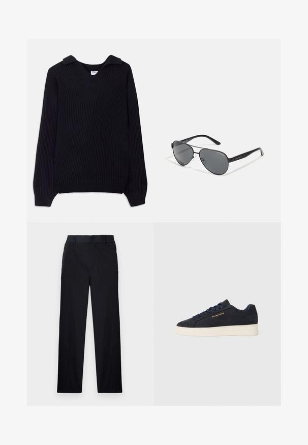 Pull noir à côtes avec un col en V et un col replié. Dispose de manches longues et d'un motif tricoté texturé. Matériau doux.; Pantalon noir en tissu léger et texturé, avec une coupe droite, une taille élastique et des poches zippées sur les côtés.; Baskets basses en daim bleu marine avec semelle blanche, lacets bleu marine et logo "Filling Pieces" en or sur le côté.; Lunettes de soleil aviateur noires avec verres foncés, monture en métal fine et branches en plastique élancées ornées de logos.