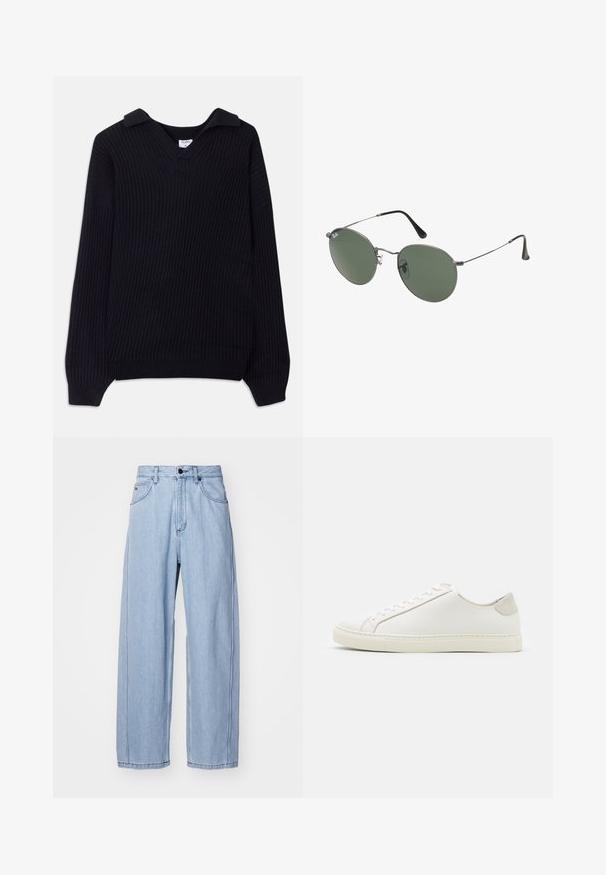 Schwarzer gerippter Pullover mit V-Ausschnitt und umgeschlagenem Kragen. Hat lange Ärmel und ein strukturiertes Strickmuster. Weiches Material.; Helle blaue Denim-Jeans im weit geschnittenen Design, mit Fronttaschen, einem Knopfverschluss und detaillierten Nähten entlang der Säume.; Weiße Leder Sneakers mit glatter Oberfläche, runder Zehenform und minimalistischem Design. Mit beigen Akzenten an der Ferse und einer Gummisohle.; Metallgestellte Sonnenbrille mit ovalen grünen Gläsern. Dünner silberner Metallrahmen und schwarze Ohrstücke. Minimalistisches Design, keine sichtbaren Logos.
