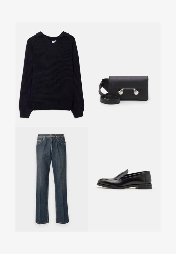 Sweater preto com textura canelada, decote em V e gola dobrada. Apresenta mangas longas e um padrão de malha texturizada. Material suave.; Jeans de ganga de perna reta azul escuro com botão à frente, fecho de correr, dois bolsos frontais e vinco vertical visível ao longo das pernas.; Mocassins de couro preto com uma textura suave, bico arredondado e uma faixa decorativa sobre o peito do pé. Salto baixo e empilhado, design minimalista.; Saco transversal em pele preta com fecho de aba, ferragens em tom prateado e dois acentos redondos. Apresenta uma alça destacável. Textura suave.