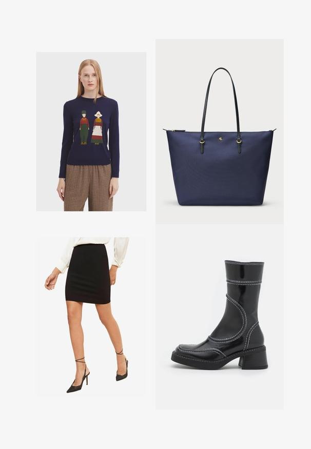 Námořnická modrá pletená svetr s barevným pleteným vzorem dvou postav v tradičním oblečení, kulatým výstřihem a dlouhými rukávy.; Černá přiléhavá mini sukně, hladký materiál, střední pas, spárovaná s černými lodičkami s špičatou špičkou a kotníkovými pásky.; Černé lakované kotníkové boty s bílým prošíváním, kulatou špičkou a blokovým podpatkem. Charakteryzují se zakřivenými designovými liniemi a hladkým povrchem.; Námořnická modrá taška přes rameno vyrobená z texturované látky, s černými koženými uchy a zlatými kovovými detaily. Zipové uzavření nahoře.
