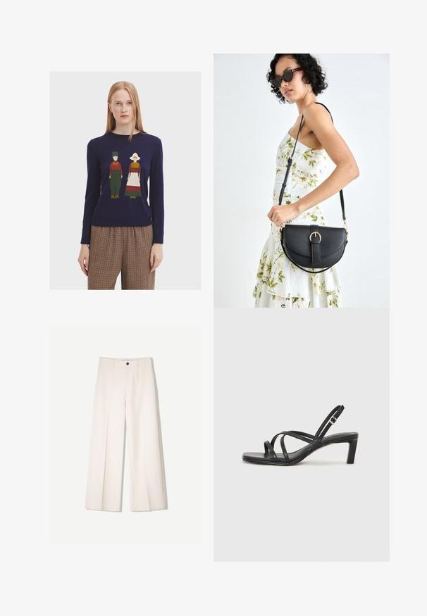 Navy blue knit sweater featuring a colorful knitted design of two figures in traditional attire, with a round neckline and long sleeves.; Cream wide-leg trousers with a tailored design, featuring two front pockets and a single front button closure, made from smooth fabric.; Black strappy sandal with a square toe and a low block heel. Features multiple thin straps and an adjustable ankle strap. Made of smooth leather.; Black leather handbag with a curved shape, detachable strap, and gold hardware. The bag features a flap with a buckle detail.