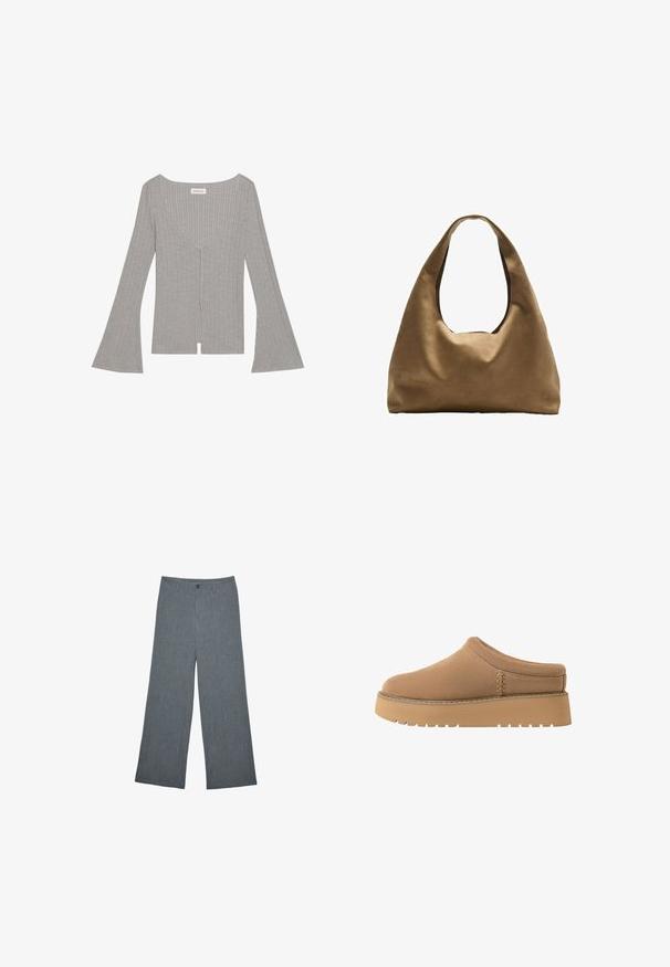 Graues, geripptes Oberteil mit langen, ausgestellten Ärmeln, tiefem V-Ausschnitt und einem Frontschlitz. Hergestellt aus einem weichen, dehnbaren Material.; Stradivarius SMART FIT - Stoffhose - dark grey; Braune Slipper aus weichem Material, mit runder Zehenpartie und dicker, gerippter Sohle. Mit dezenter Naht an der Seite.; Braune Stoffschultertasche mit einem breiten, runden Körper und einem großen Ausschnittgriff. Sanfte Textur, minimalistisches Design und keine sichtbaren Beschläge.