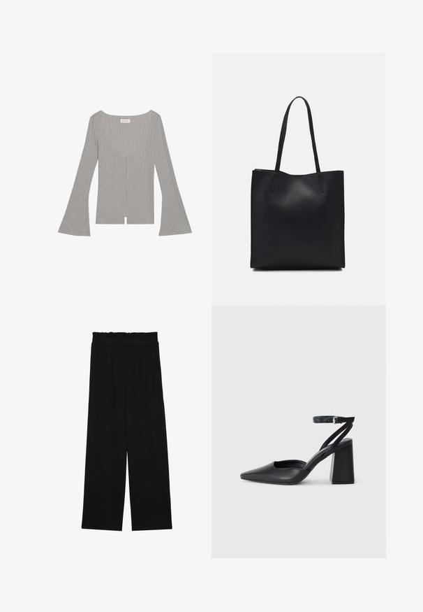 Grijs geribbeld topje met lange, uitlopende mouwen, diepe V-hals en een split aan de voorkant. Gemaakt van een zachte, rekbare stof.; Zwarte wijde broek met een gerimpelde tailleband, voorzien van twee zijzakken en een soepele, lichte stof. Geen zichtbare patronen of hardware.; Zwarte leren puntige pump met een enkelbandje en een chunky hak. Vlakke textuur, strakke vormgeving en minimalistische esthetiek.; Zwarte leren handtas met een gladde textuur, rechthoekige vorm en twee lange handvaten. Geen zichtbare hardware of versieringen.