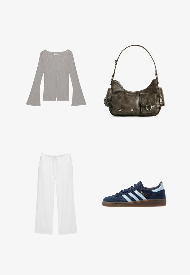 Siv top z ribami z dolgimi, razširjenimi rokavi, globokim V-izrezom in sprednjim razporkom. Narejen iz mehkega, raztegljivega materiala.; Bele široke hlače iz mehkega blaga, opremljene z elastičnim pasom z vrvico in dvema stranskima žepoma. Preprost in čist dizajn.; Mornarsko modri velur Adidas športni copati z svetlo modrimi črtami, gumijastim podplatom, svetlo modrim petnim jezičkom in zlatim oznako "Spezial" na strani.; Temno zelena usnjena torbica s ukrivljeno obliko, z zadrgo in sprednjim žepom na poklopcu. Opremljena je s srebrnim okovjem in teksturirano površino.
