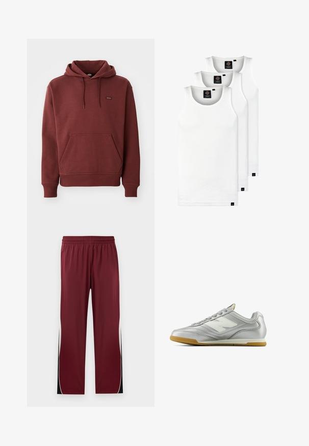 Felpa color bordeaux realizzata in tessuto morbido, con tasca a marsupio, polsini e orlo a costine, e una piccola etichetta con logo sul petto.; Tre canotte bianche a coste in cotone. Presentano un colletto rotondo e piccole etichette nere vicino all'orlo. Disponibile in diverse taglie.; Pantaloni sportivi bordeaux con vita elastica, strisce laterali bianche a contrasto e dettagli neri. Realizzati in un tessuto liscio e leggero.; Scarpa sportiva argentata con una superficie liscia e lucida, logo bianco di lato, lacci grigi con texture e suola in gomma.