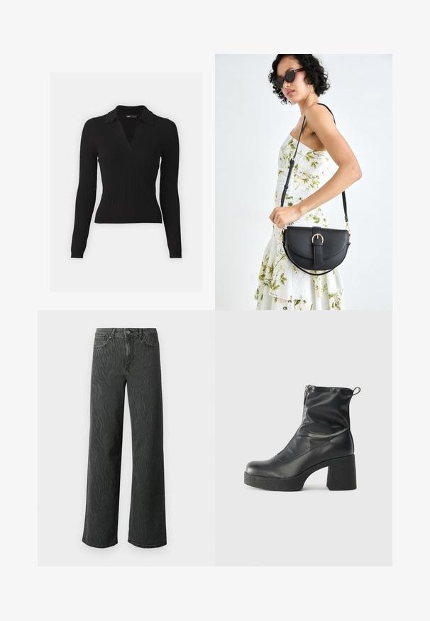 Schwarzer, gerippter Langarm-Polo-Pullover mit V-Ausschnitt. Aus strukturiertem Strickstoff gefertigt und mit einer taillierten Silhouette für ein schlankes Erscheinungsbild.; Weite Jeans aus dunkelgrauem Denim, mit einer subtilen Zebra-Muster-Struktur, kontrastierenden Nähten und einem Fünf-Taschen-Design mit einem Knopfverschluss.; Schwarze Stiefeletten aus glattem Leder mit seitlichem Reißverschluss, klobigem strukturiertem Absatz und runder Zehenform.; Schwarze Lederhandtasche mit geschwungener Form, abnehmbarem Tragegurt und goldenen Beschlägen. Die Tasche verfügt über einen Deckel mit einer Schnallen-Details.