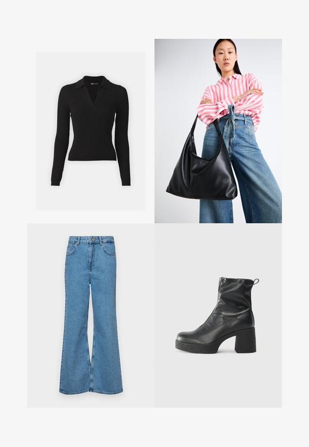 Schwarzer, gerippter Langarm-Polo-Pullover mit V-Ausschnitt. Aus strukturiertem Strickstoff gefertigt und mit einer taillierten Silhouette für ein schlankes Erscheinungsbild.; Helle blaue Schlagjeans aus Denim, mit hoher Taille, fünf Taschen und einem einzelnen Knopfverschluss. Weiche Textur mit ausgeblichener Optik.; Schwarze Stiefeletten aus glattem Leder mit seitlichem Reißverschluss, klobigem strukturiertem Absatz und runder Zehenform.; Schwarze Leder-Umhängetasche mit einer lässigen Form und Nahtdetails. Das Modell trägt ein pink-weiß gestreiftes Hemd zu weit geschnittenen blauen Jeans.