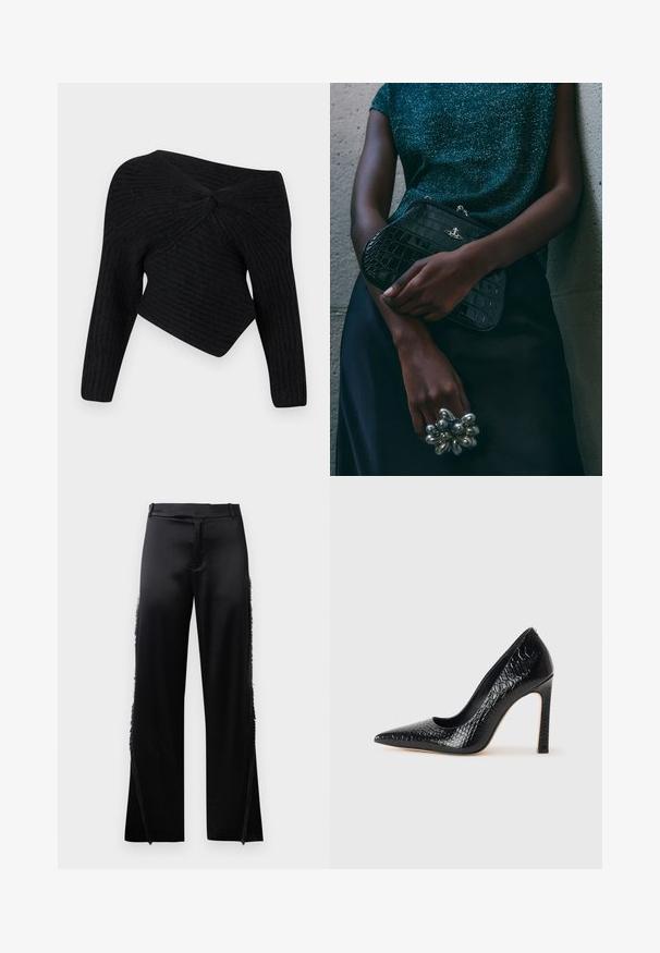 Schwarzer, gerippter Strickpullover mit einem schulterfreien Design, das eine gedrehte Detail im Rücken und lange Ärmel aufweist.; Schwarze Satin-Hosen mit weitem Bein, die Fransenverzierungen entlang der Seitennähte und einen flachen, elastischen Bund haben. Rückseite schlicht ohne Taschen.; Schwarzer, spitz zulaufender High Heel mit Krokodilleder-Struktur, elegantem Design, hohem Stiletto-Absatz und glattem schwarzen Innenraum.; Schwarze Clutch-Tasche im Kroko-Design mit silbernen Beschlägen, vor einem strukturierten grauen Hintergrund gehalten. Verfügt über eine glänzende Oberfläche.