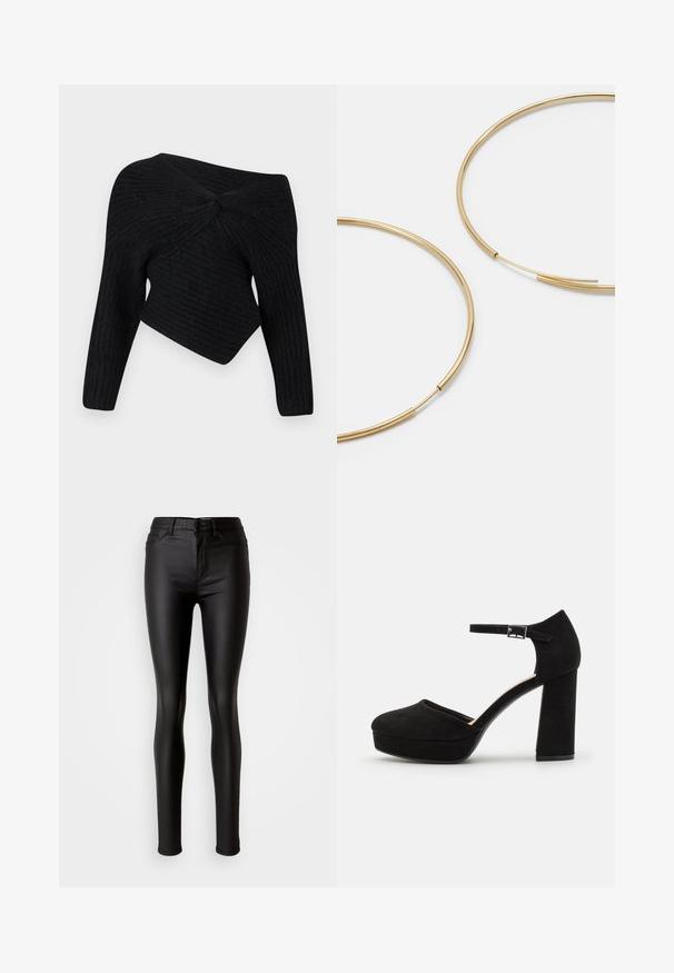 Czarny, prążkowany sweter z dekoltem na ramiona, z twistem z tyłu i długimi rękawami.; Czarne wąskie jeansy z sztucznej skóry o gładkiej teksturze, wysoki stan, zapięcie na guzik oraz tradycyjny pięciokieszeniowy krój.; Czarne zamszowe szpilki na platformie z grubym słupkowym obcasem, zaokrąglonym noskiem i paskiem wokół kostki zabezpieczonym metalowym klamrem. Gładka faktura na całej powierzchni.; Złote kolczyki w kształcie cienkich okrągłych obręczy, o gładkim metalicznym wykończeniu, bez zdobień czy wzorów.; Czarny skórzany portfel z klapą, złotą okuciami, z akcentem logo. Zawiera odpinany pasek do noszenia.
