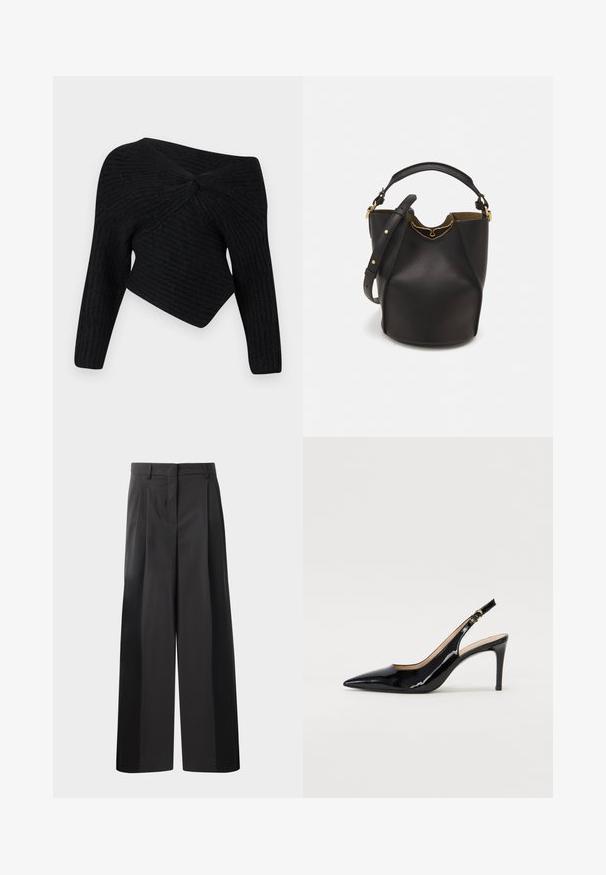 Black, ribbed knit sweater with an off-the-shoulder design, featuring a twisted detail at the back and long sleeves.; Black wide-leg trousers with a high waist, featuring front pleats, a smooth texture, and a tailored finish. Designed for a relaxed fit.; Black patent leather slingback pump with pointed toe, slim heel, and a subtle cutout design. Features a gold buckle on the strap.; Black leather bucket bag with a textured finish, gold hardware accents, and an open top. Features a short handle and adjustable shoulder strap.