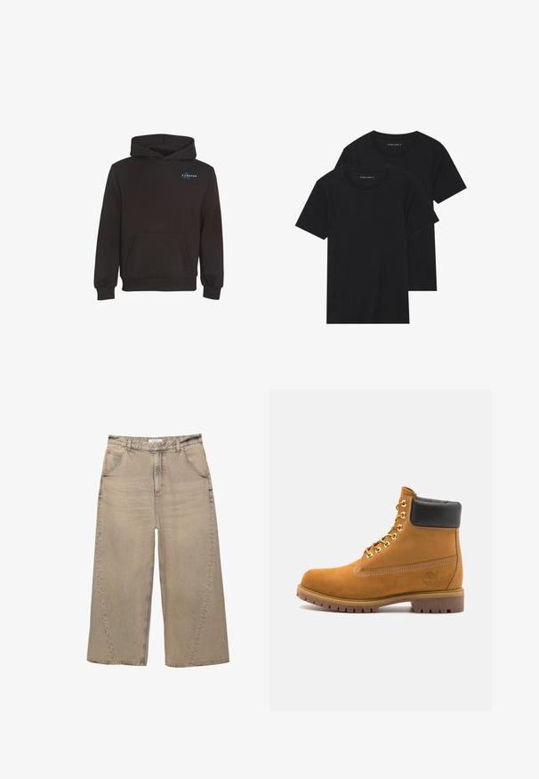 Felpa nera con cappuccio, tasca anteriore e piccolo logo con scritta blu sul petto in alto a sinistra.; Due magliette nere di cotone a maniche corte, con scollatura rotonda e una texture liscia, esposte impilate insieme.; PULL&BEAR MEGA BAGGY - Jeans baggy - light grey; Stivale alla caviglia in suede tan con collare imbottito nero, occhielli in metallo dorato, dettagli in cucitura bianca e suola in gomma robusta con battistrada pronunciato.