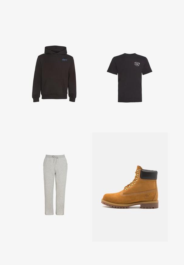 Sweat à capuche noir avec poche avant et petit logo en écritures bleues sur le haut gauche de la poitrine.; T-shirt en coton noir à manches courtes, col rond, avec un motif imprimé blanc comprenant du texte et des étoiles sur la partie gauche de la poitrine.; Pantalon de survêtement gris en tissu doux avec une taille élastique et un cordon de serrage, coupe droite, sans motifs ni accents visibles.; Bottine en daim beige avec un col rembourré noir, œillets en métal doré, détails de surpiqûres blanches et semelle en caoutchouc robuste avec des crampons prononcés.