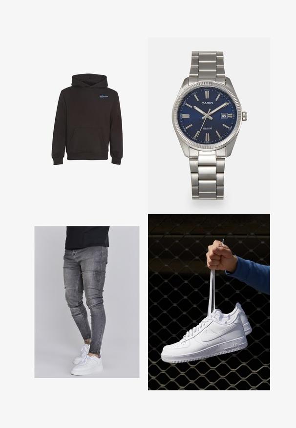 Zwarte capuchontrui met voorvak en een klein blauw scriptlogo op de bovenkant van de linkerborst.; Skinny jeans in vervaagd grijs denim, met versleten details op de knieën, gecombineerd met witte sneakers. Gladde textuur, slank model.; Witte leren sneakers met perforaties, ronde neus, vlakke zool en dikke veters, met een zichtbare swoosh-logo en "AIR" op de hiel.; Zilveren roestvrijstalen horloge met een marineblauwe wijzerplaat, metalen uurmarkeringen en een datumnis op 3 uur. Waterbestendig tot 50 meter.
