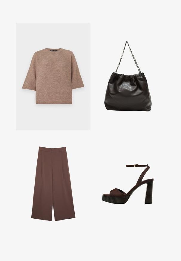 Pull en tricot marron avec un col rond, coupe décontractée et manches courtes et larges. Texture douce, adapté pour une tenue décontractée.; Pantalons larges marron avec une texture lisse, dotés d'une taille haute et de plis à l'avant. Le tissu est léger et tombe de manière fluide.; Sandale à talons hauts en suede marron avec un bout ouvert, une bride de cheville réglable et une semelle de plateforme rayée.; Sac en cuir marron avec un haut froncé et une bandoulière en chaîne. Texture lisse avec une finition brillante et des coutures subtiles sur les côtés.
