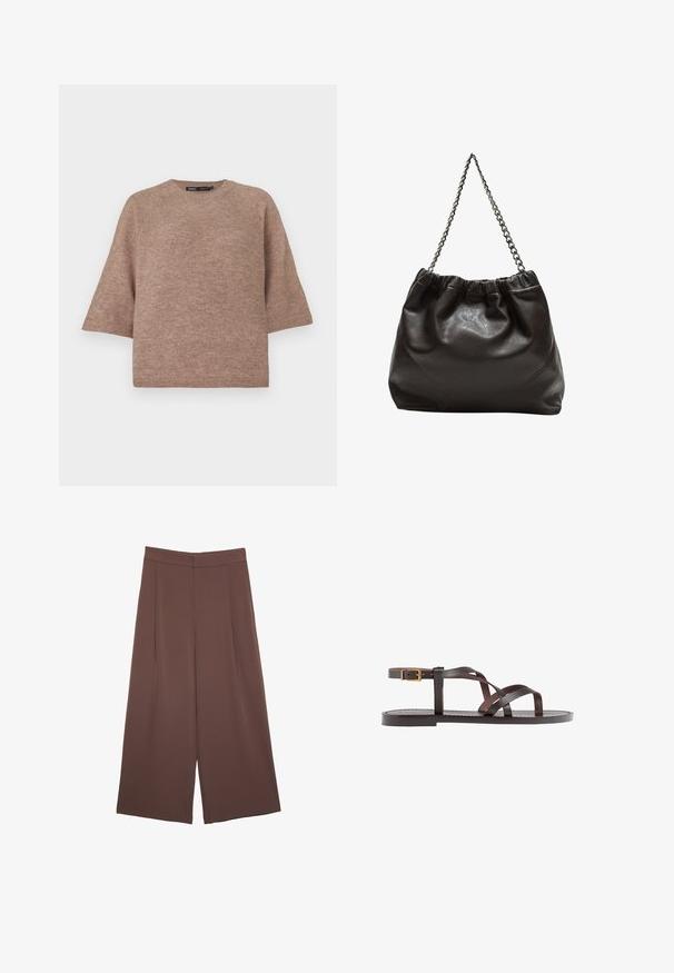 Brun stickad tröja med rund halsringning, avslappnad passform och korta, vida ärmar. Mjuk textur, lämplig för avslappnad användning.; Bruna vida byxor med en slät textur, som har hög midja och framfickor. Tyget är lätt och flödar löst.; Bruna lädersandaler med korsade remmar, spänne runt vristen och en platt sula med minimala sömnadsdetaljer.; Brun läderväska med rynkad topp och kedjesnodd. Slät textur med en blankslipad yta och subtila sömdetaljer på sidorna.
